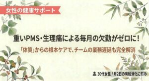 和紙調の薄いアイボリー背景の四隅に、緑の植物や葉の水彩イラストがあしらわれたバナー画像。左上のコーラルピンクの帯に白文字で「女性の健康サポート」、中央に大きな濃いグレーの文字で「重いPMS・生理痛による毎月の欠勤がゼロに！」、その下に落ち着いた赤茶色で「『体質』からの根本ケアで、チームの業務遅延も完全解消」というコピーが配置されている。右下にはプロファイルアイコン付きで「30代女性 / 月2日の有給消化に悩み」という対象者を示す白い半透明のラベルがある。