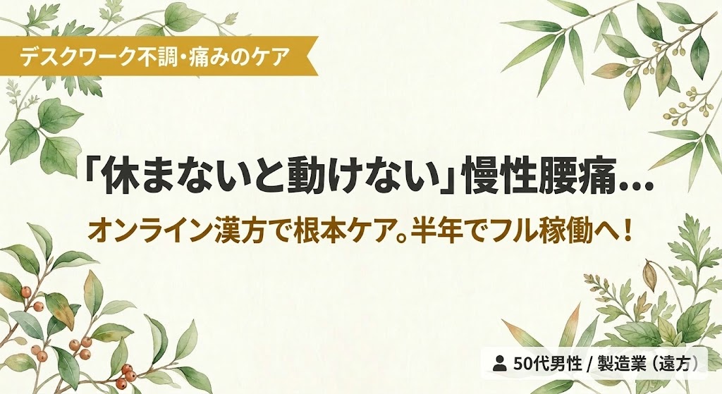 和紙調の薄いアイボリー背景の四隅に、緑の植物や葉の水彩イラストがあしらわれたバナー画像。左上のマスタードイエローの帯に「デスクワーク不調・痛みのケア」、中央に大きな濃いグレーの文字で「「休まないと動けない」慢性腰痛…」、その下に落ち着いたオレンジ色で「オンライン漢方で根本ケア。半年でフル稼働へ！」というコピーが配置されている。右下には「50代男性 / 製造業（遠方）」という対象者を示す白いラベルがある。