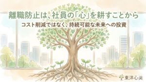 ハート型の葉を持つ大きな木と、根元にコインや紙幣が描かれた水彩画風のイラスト。「東洋心美」が提案する、離職防止と社員の心に寄り添う健康経営への投資を表現したイメージ画像。