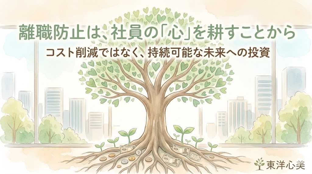ハート型の葉を持つ大きな木と、根元にコインや紙幣が描かれた水彩画風のイラスト。「東洋心美」が提案する、離職防止と社員の心に寄り添う健康経営への投資を表現したイメージ画像。