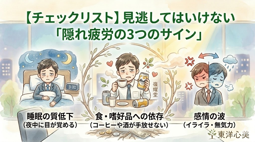 【第5回ブログ記事挿入画像】企業の現場メンター向けに、管理職の「隠れ疲労の3つのサイン」を図解した水彩画風チェックリスト。3つのアイコンが並び、それぞれ「睡眠の質低下（夜中に目が覚める）」「食・嗜好品への依存（コーヒーや酒が手放せない）」「感情の波（イライラ・無気力）」の症状を可愛らしく、かつ明確に表現している。オフィス環境と自然光の中で、東洋医学の温かいケア（嶺耀堂）が漂っている。上部にテキスト、右下に東洋心美ロゴ。