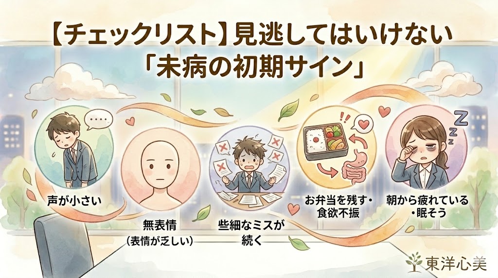 企業の現場メンター向けに、新入社員の未病（5月病）の5つの初期サインを解説した水彩画風図解イラスト。声が小さい、無表情、ミスというアイコンとともに、特に胃腸の不調（お弁当を残す）と睡眠の不調（眠そう）のアイコンを大きく強調しています。東洋医学のウェルネス要素（お茶の湯気、ハート、葉っぱ）が漂い、温かみのある雰囲気です。上部に「【チェックリスト】見逃してはいけない『未病の初期サイン』」のタイトル、右下に東洋心美ロゴ。