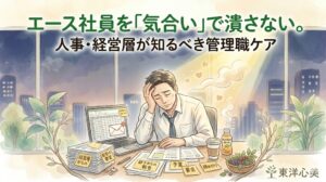 「突然の休職ドミノを防ぐ！プレイングマネージャーの『隠れ疲労』対策」というテキストが配置された水彩画風サムネイル。窓から見える都市を背景に、立派な大木（プレイングマネージャー）が lush な葉（部下や業績）を支えている。しかし、地下の根っこ（根本の体質）は乾き切っている。そこに東洋医学（嶺耀堂）の温かい潤いが注がれ、根が息を吹き返している。上部にメインテキスト、右下に東洋心美のロゴ。