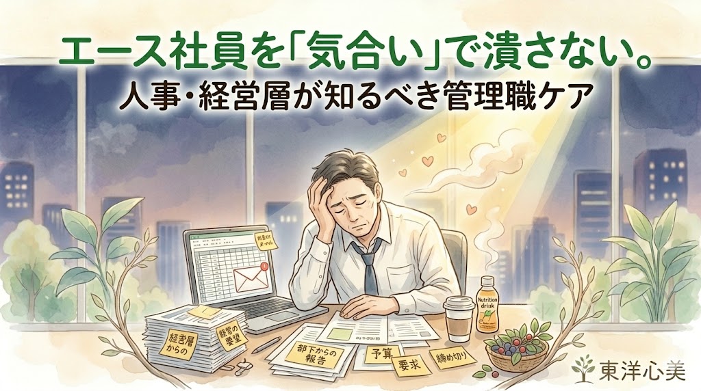 「突然の休職ドミノを防ぐ！プレイングマネージャーの『隠れ疲労』対策」というテキストが配置された水彩画風サムネイル。窓から見える都市を背景に、立派な大木（プレイングマネージャー）が lush な葉（部下や業績）を支えている。しかし、地下の根っこ（根本の体質）は乾き切っている。そこに東洋医学（嶺耀堂）の温かい潤いが注がれ、根が息を吹き返している。上部にメインテキスト、右下に東洋心美のロゴ。