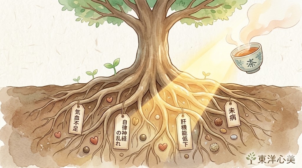 プレゼンティーズムを引き起こす「未病」へのアプローチを表現した水彩画風の図解イラスト。地中に張った木の根に「気血不足」「自律神経の乱れ」「肝機能低下」「未病」という原因タグが付けられており、そこに温かい漢方茶と光が注がれています。表面的な症状を抑え込むのではなく、東洋医学の力で根本的な体質から優しく整えていくプロセスを視覚化しています。